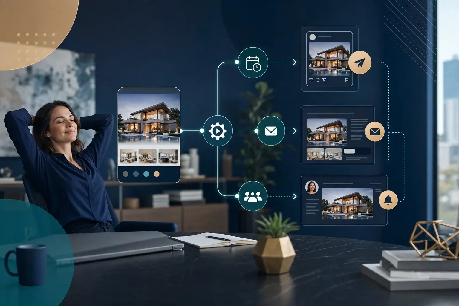 A real estate agent reviewing an automated workflow board with listing and follow-up steps