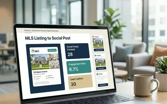 MLS listing copy generator interface shown on a laptop in a bright real estate office.