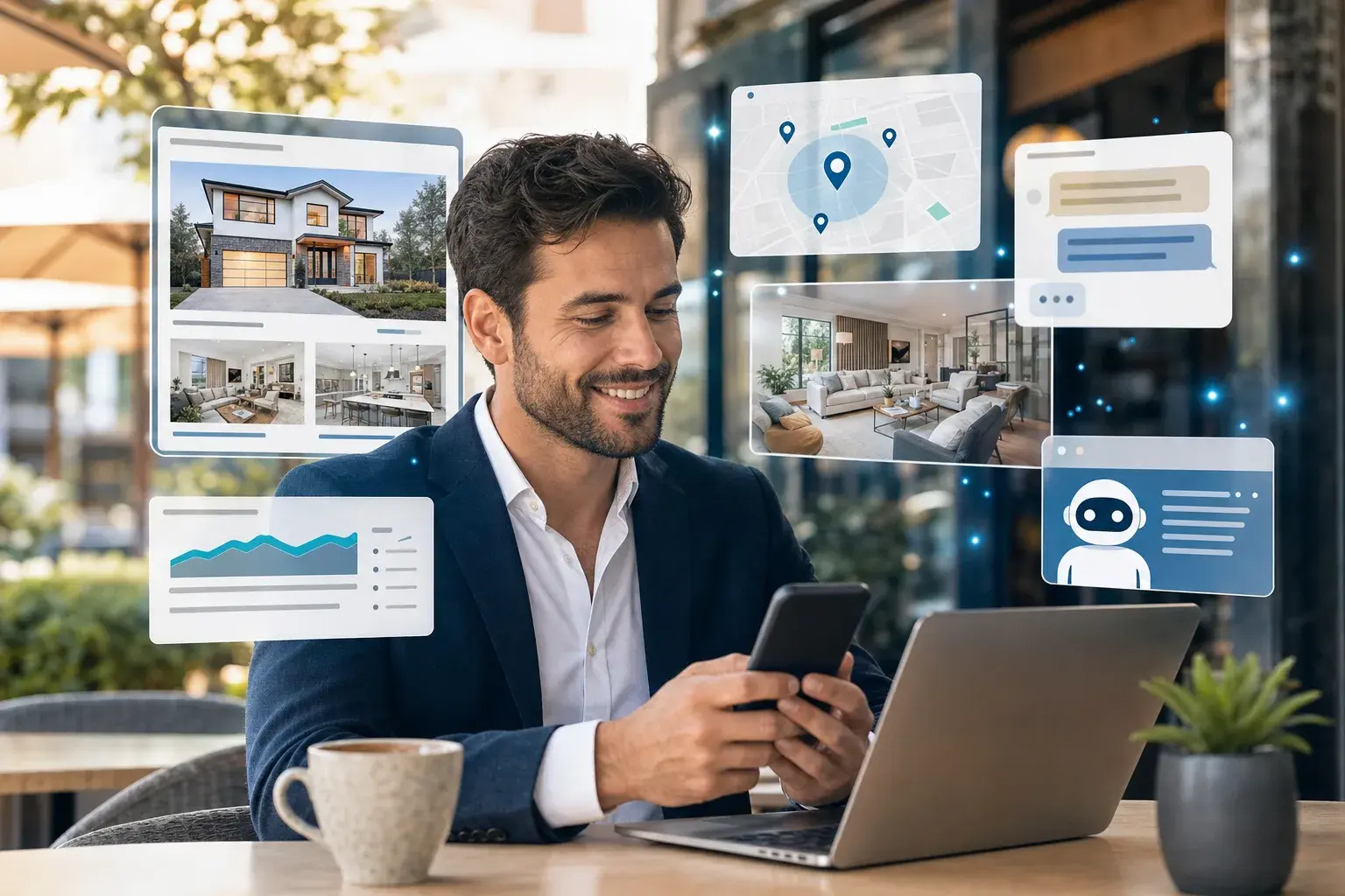 A real estate agent working on a tablet at a kitchen table with marketing drafts on screen