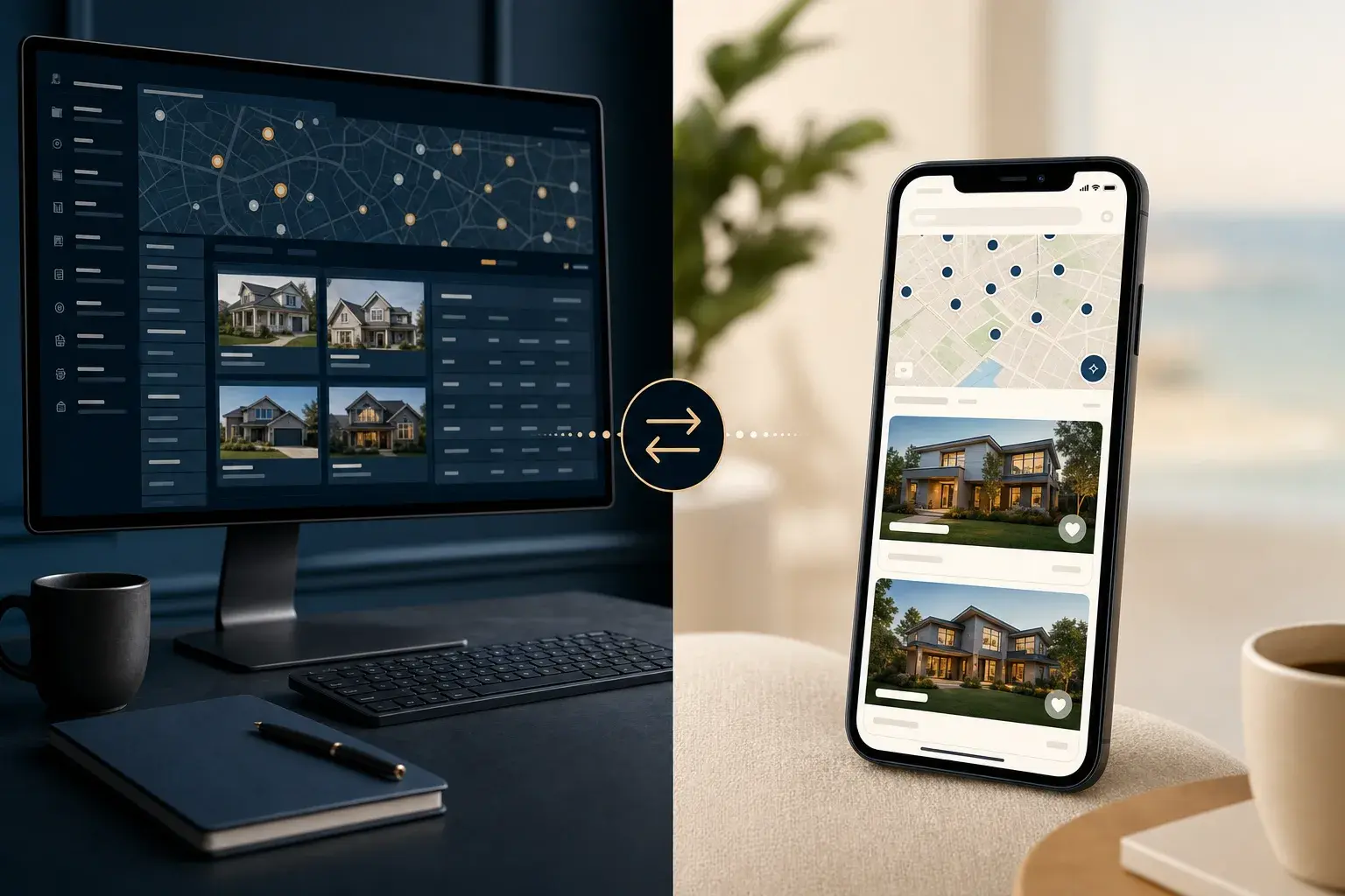 Split-screen comparison of a professional MLS listing dashboard on one side and a consumer home-search app on the other, both showing the same property.