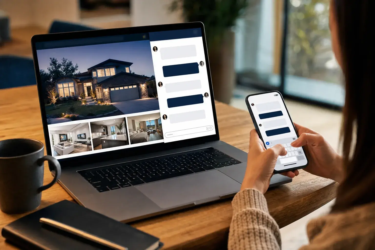 A real estate agent reviewing chatbot conversations with home buyers on a laptop and phone.
