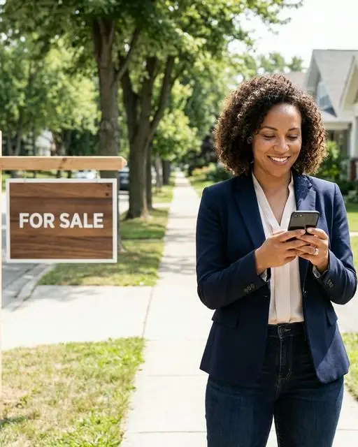 Real estate agent reviewing listing information on a mobile device while helping a buyer navigate the market.