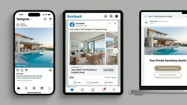 Collection of listing cards and marketing surfaces representing how a single MLS listing is distributed across channels.