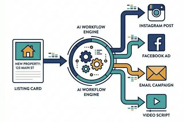 Illustrated automation map showing one listing brief turning into multiple real estate marketing outputs.