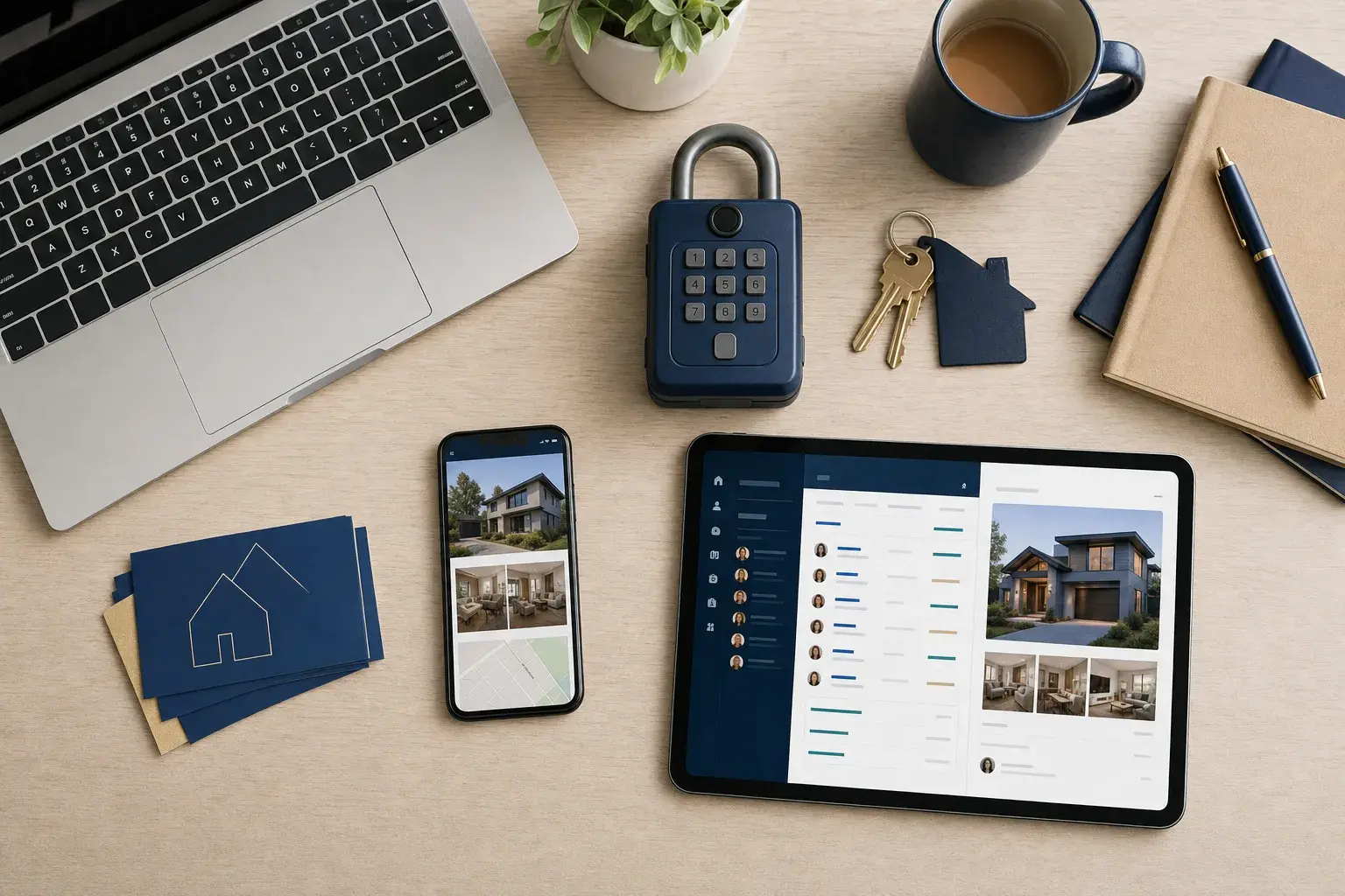 Real estate agent's connected toolkit shown across devices: CRM, MLS, marketing, transaction, and scheduling apps.