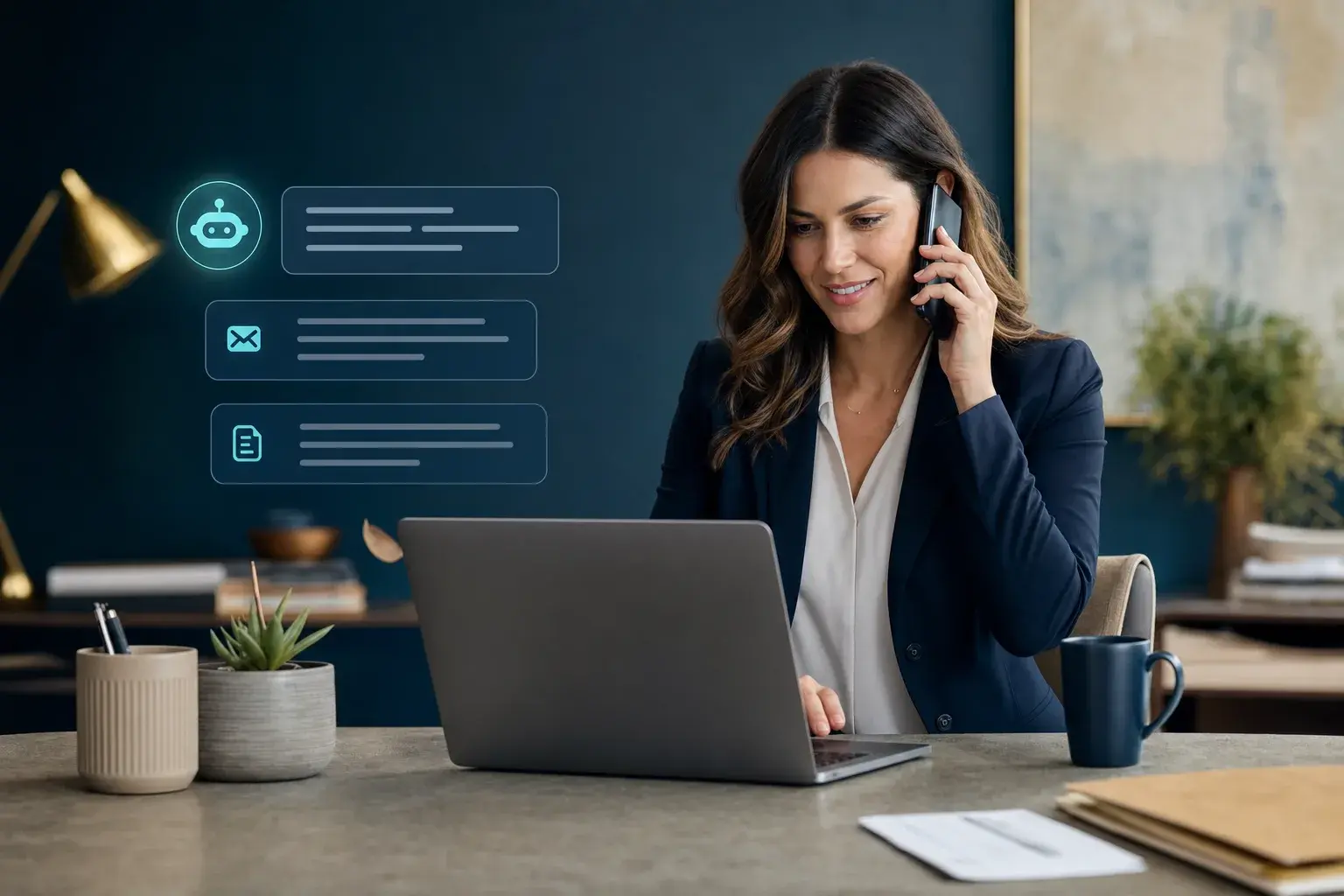 An agent using an AI assistant to draft real estate marketing copy on a laptop.