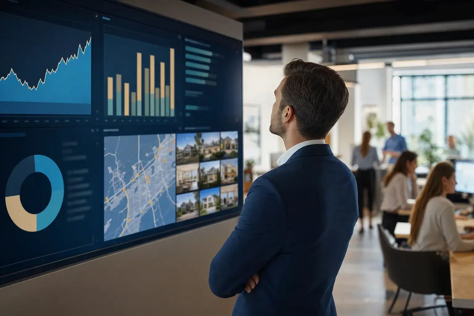 Real estate broker reviewing consistent listing marketing produced by a team of agents on a shared dashboard.