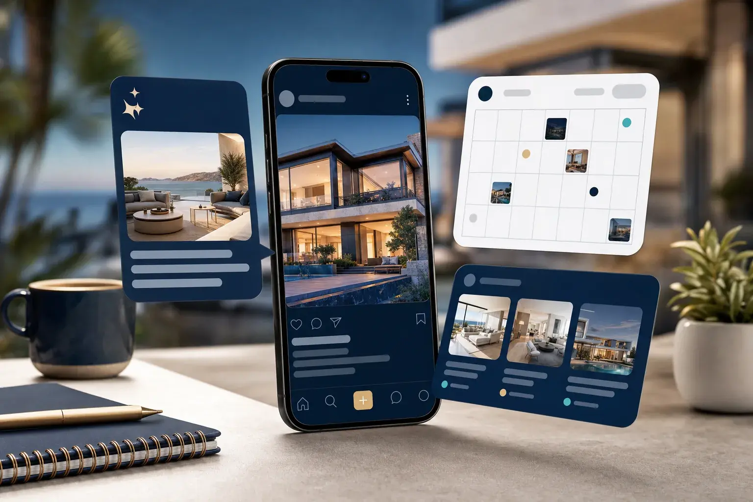 Real estate agent planning a social media content calendar with AI-generated captions and post ideas on a phone and laptop.