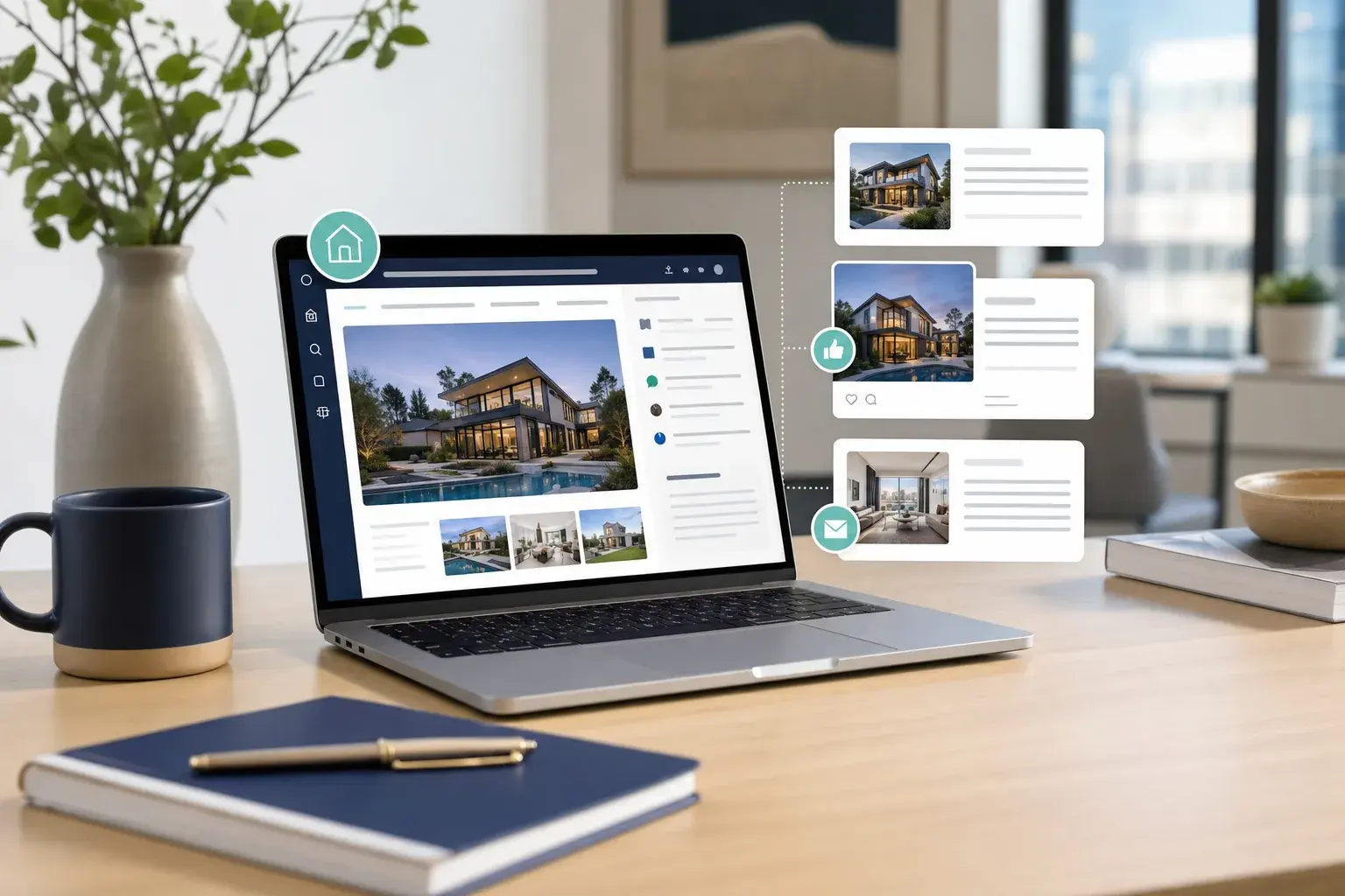 A real estate agent's desk with a laptop turning one listing into multiple marketing channels.